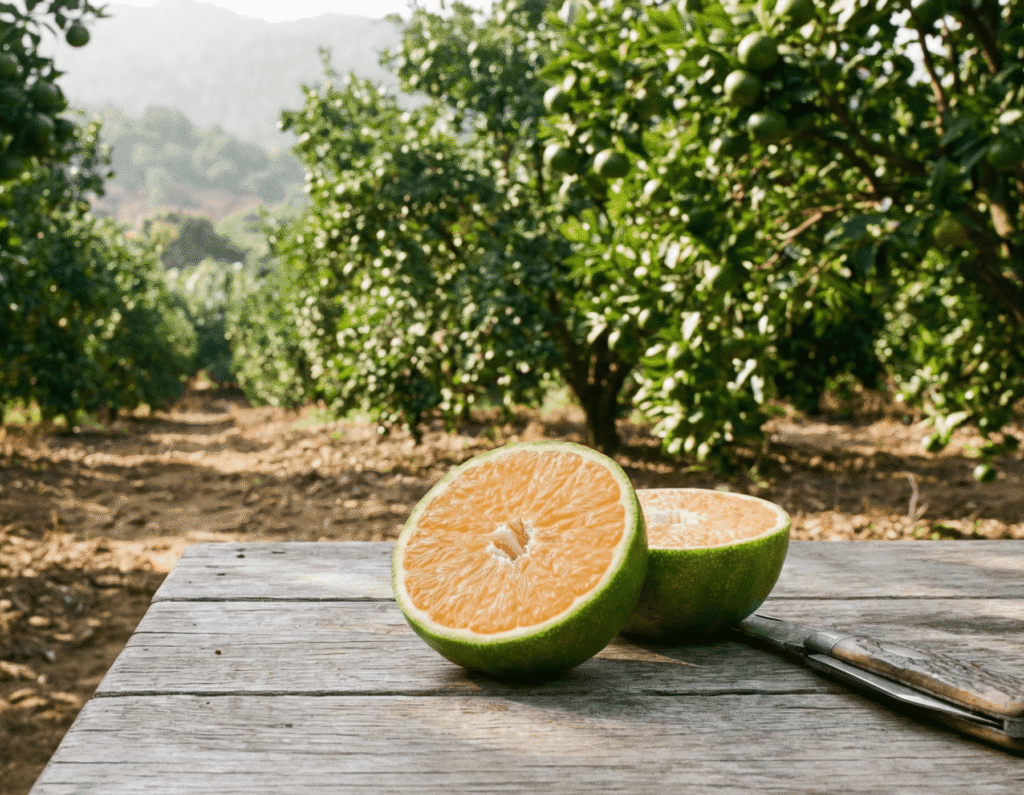 Mandarine Satsuma sur une tableau coupé en deux avec un verger derrière