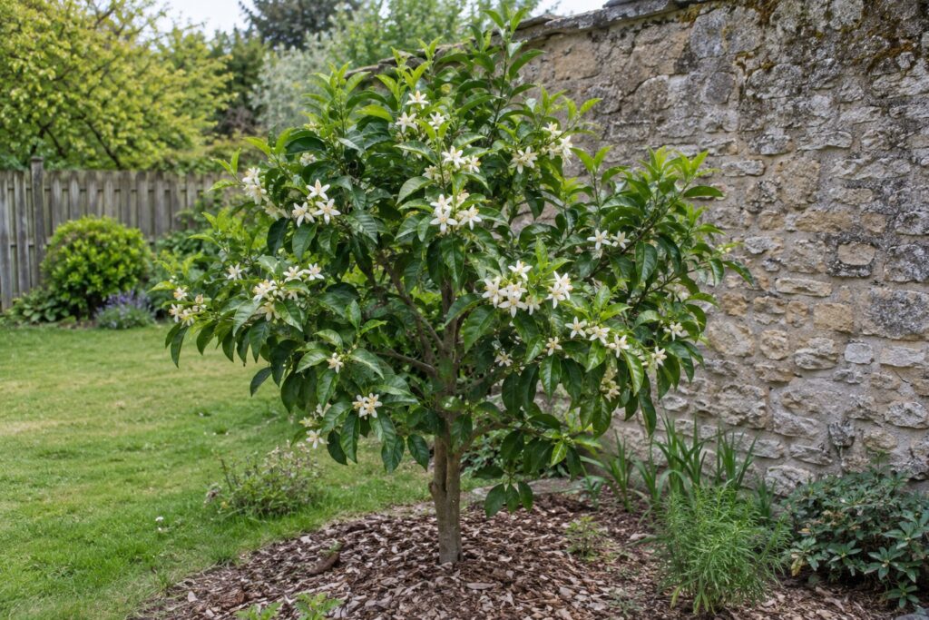 Un petit bigaradier au jardin portant des bouquets de fleurs blanches.