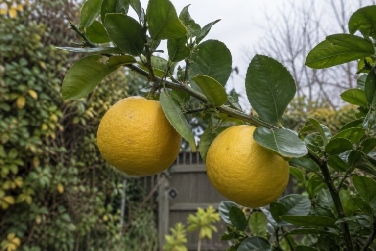 Deux agrumes jaunes à la peau rugueuse sur une branche parmi les feuilles.