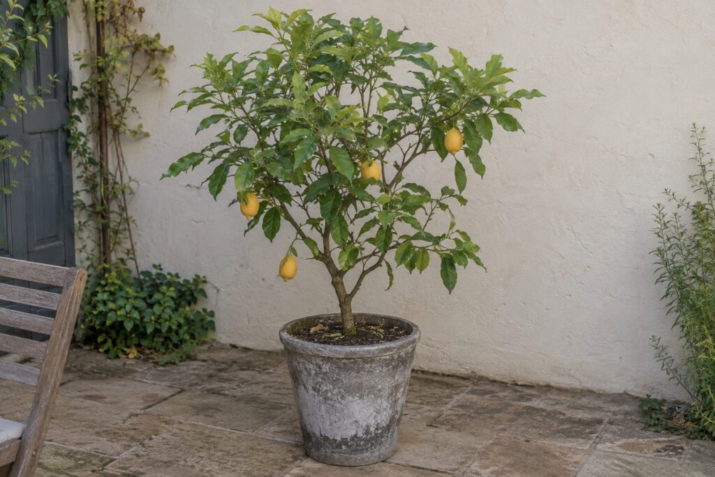 Un citronnier en pot portant quelques fruits jaunes dans une cour.