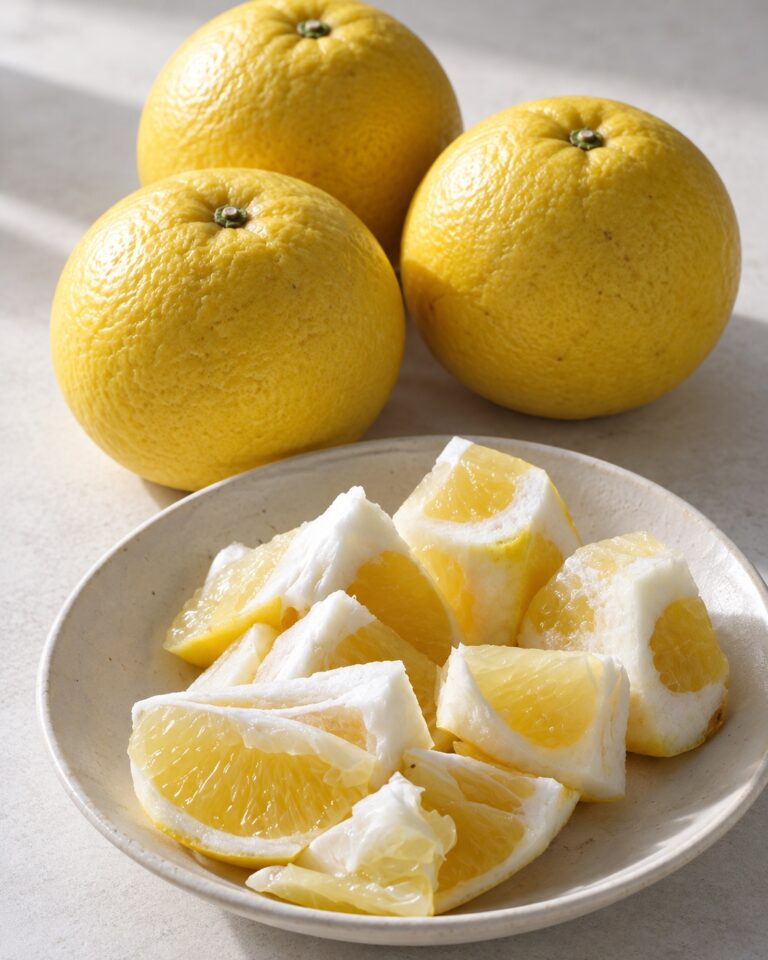 Illustration de fruits de Hyuganatsu jaunes et de quartiers conservant leur albédo blanc comestible