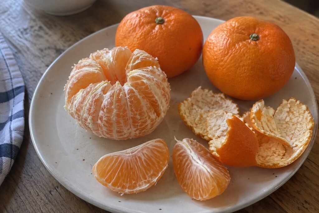 Une mandarine pelée avec ses quartiers et deux fruits entiers sur une assiette.