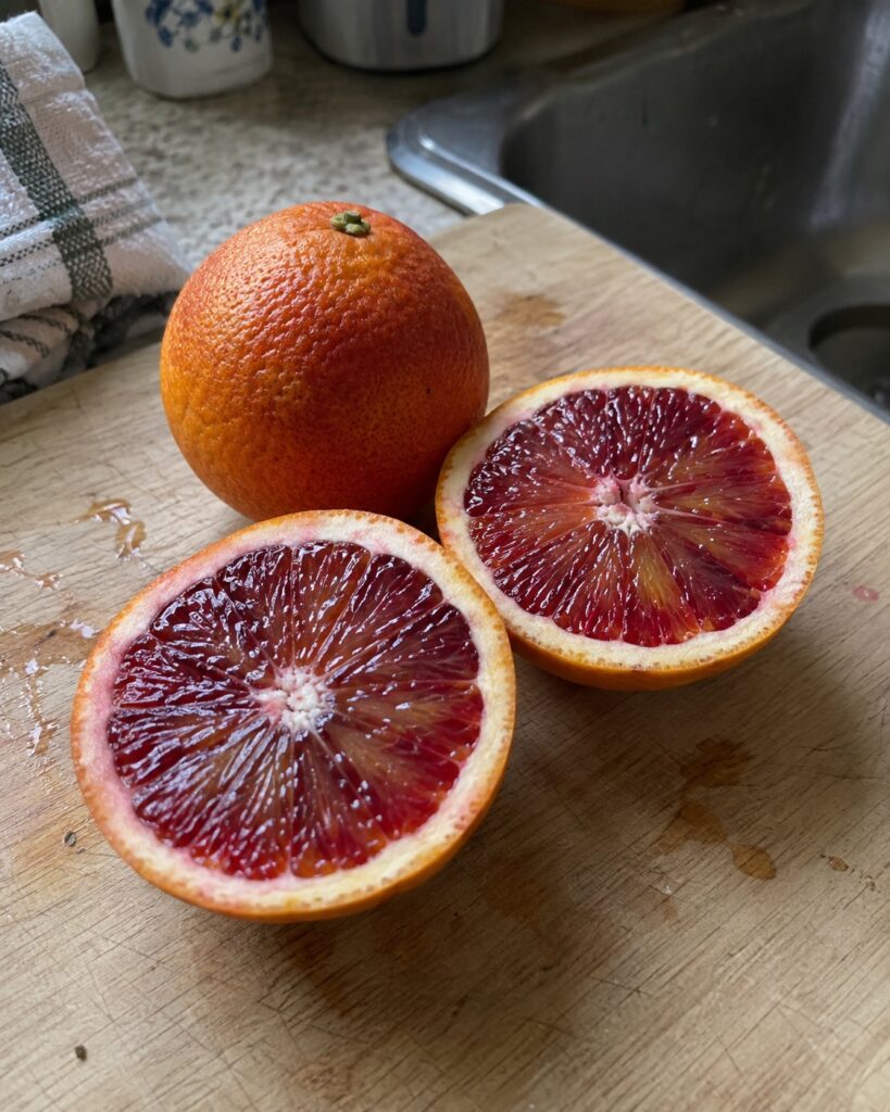 Illustration générée par IA : orange sanguine Moro coupée sur une planche dans une cuisine.