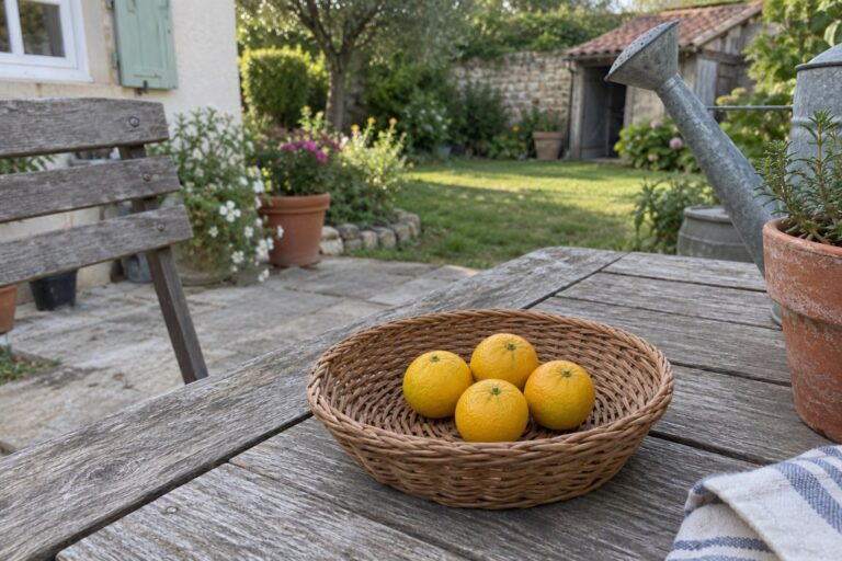 Petits agrumes ronds jaune orangé dans un panier sur une table de jardin.