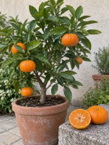 Illustration de Mandarinier Sunburst avec fruits et feuillage dans un cadre de jardin ou de récolte.