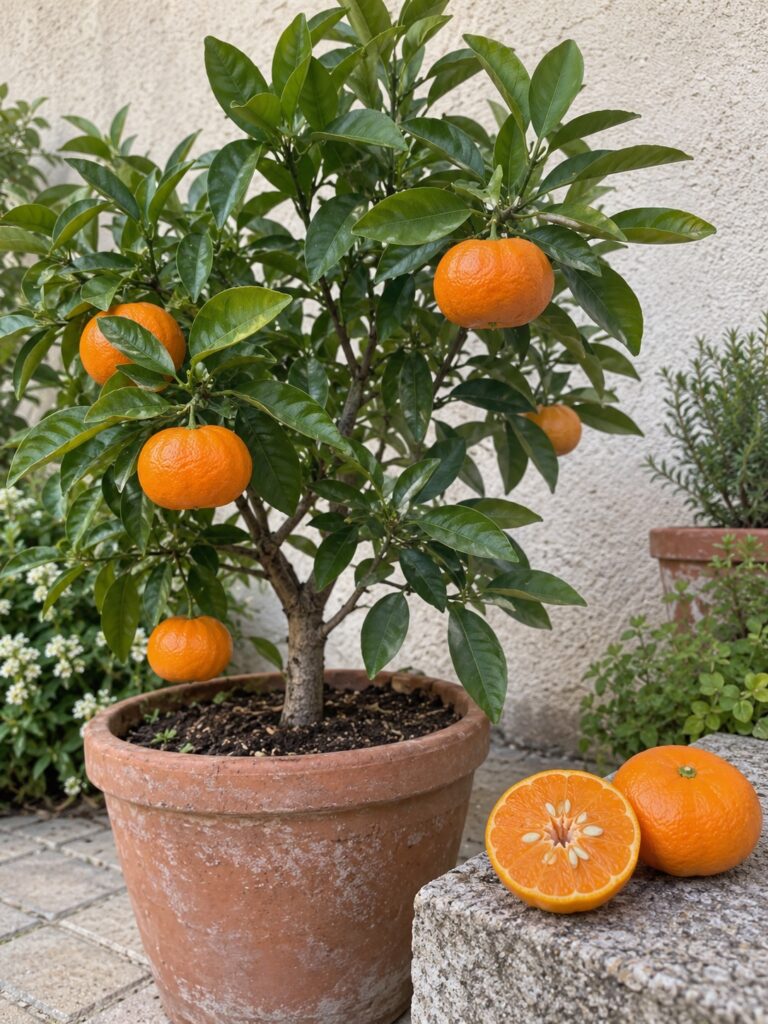 Illustration de Mandarinier Sunburst avec fruits et feuillage dans un cadre de jardin ou de récolte.