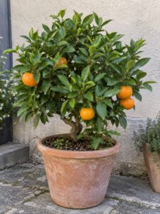 Illustration de Satsuma Shirokolistvennyi avec fruits et feuillage dans un cadre de jardin ou de récolte.