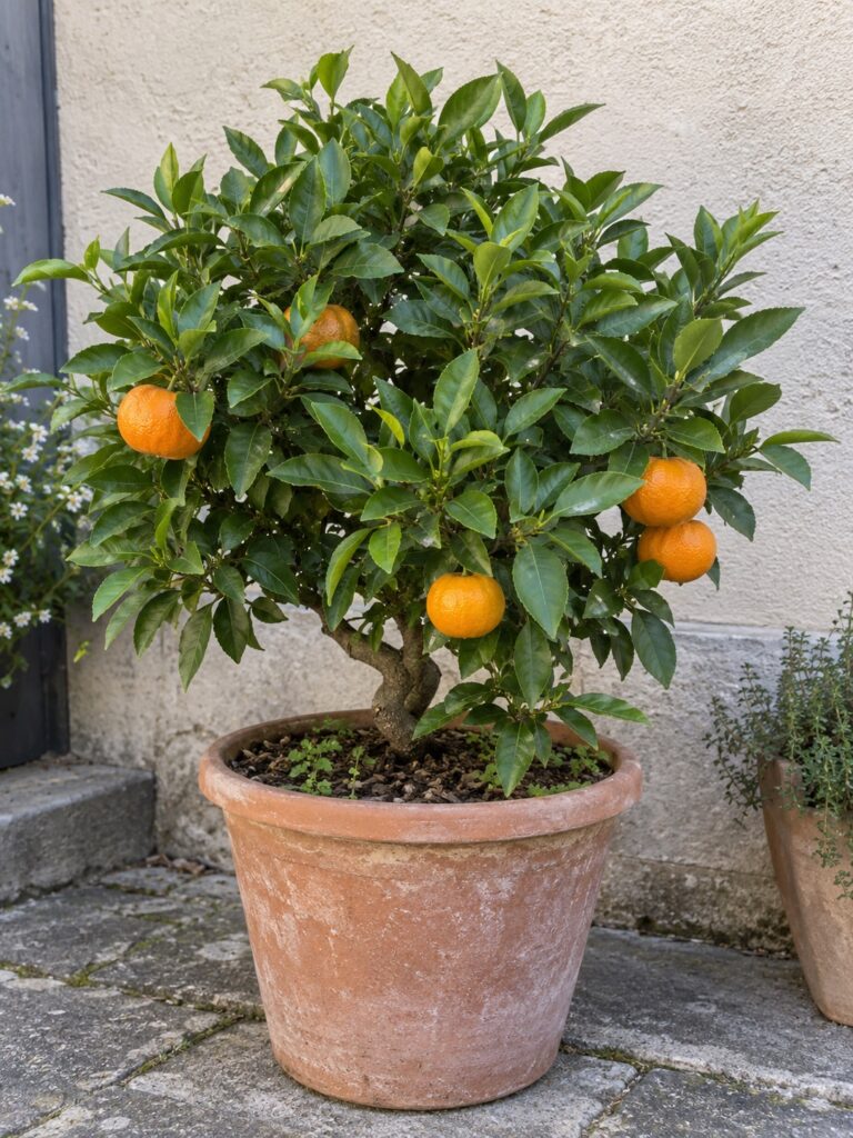 Illustration de Satsuma Shirokolistvennyi avec fruits et feuillage dans un cadre de jardin ou de récolte.