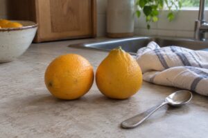 Deux fruits jaunes orangés de sunquat, légèrement arrondis, posés près d’un torchon.
