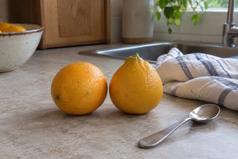 Deux fruits jaunes orangés de sunquat, légèrement arrondis, posés près d’un torchon.