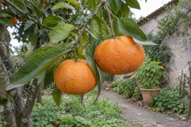 Deux mandarines Satsuma Collot orangées et légèrement aplaties sur une branche retombante.