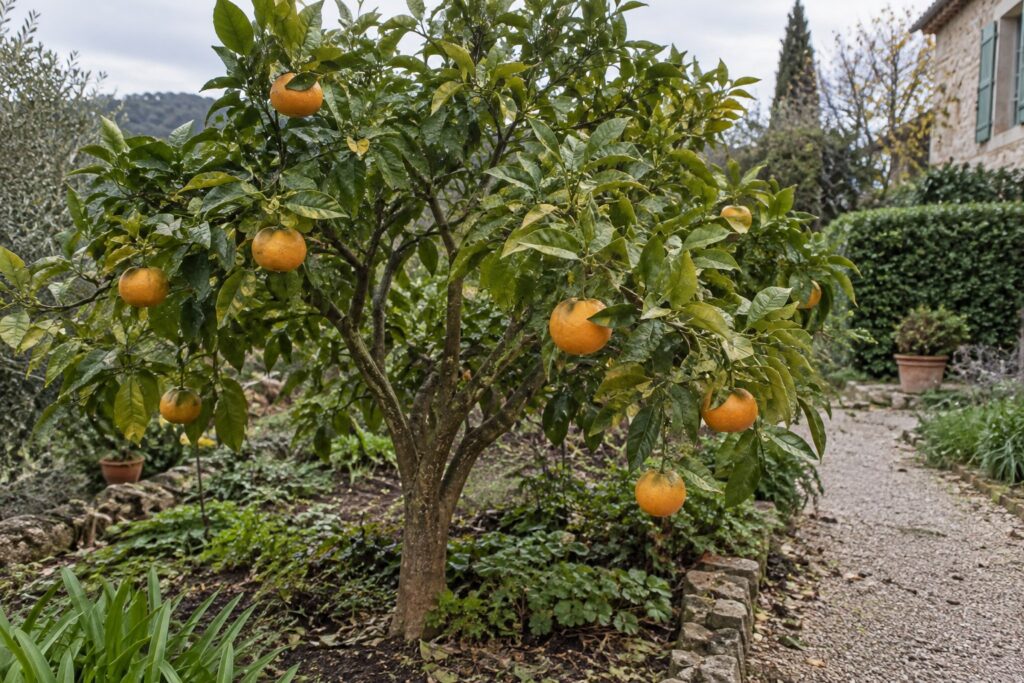 Un mandarinier Satsuma Owari Francis Soules au jardin avec plusieurs fruits orangés.