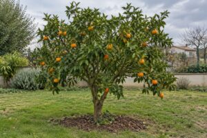 Mandarinier satsuma au port étalé portant quelques fruits orange dans un jardin.
