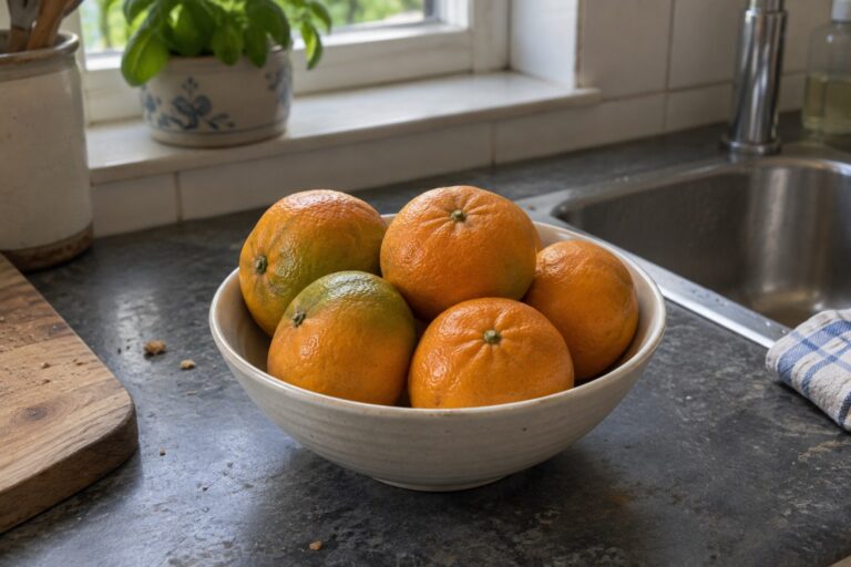 Mandarines satsuma orange et encore partiellement vertes dans un bol sur un plan de travail.