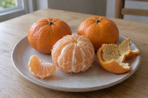 Mandarine satsuma épluchée et fruits entiers sur une assiette de cuisine.