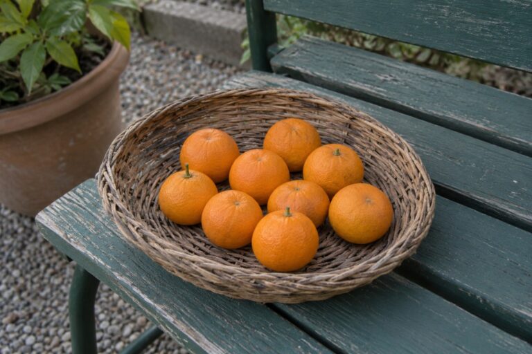 Petites mandarines orange récoltées dans un panier posé sur un banc de jardin.