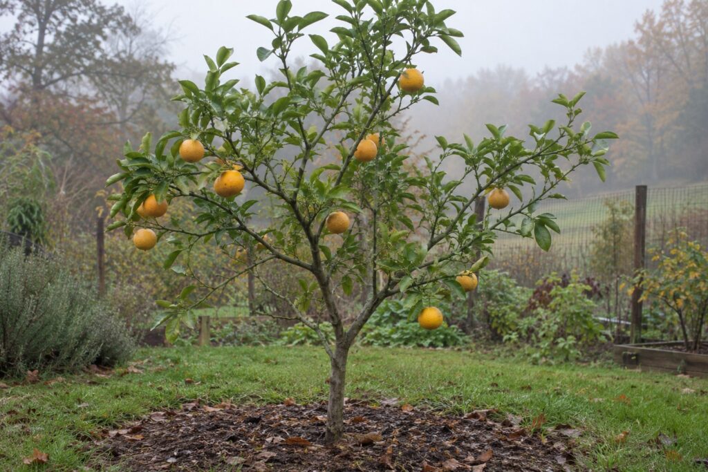 Citrange Morton en pleine terre, avec des fruits jaune orangé parmi son feuillage.