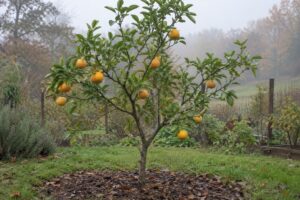 Citrange Morton en pleine terre, avec des fruits jaune orangé parmi son feuillage.