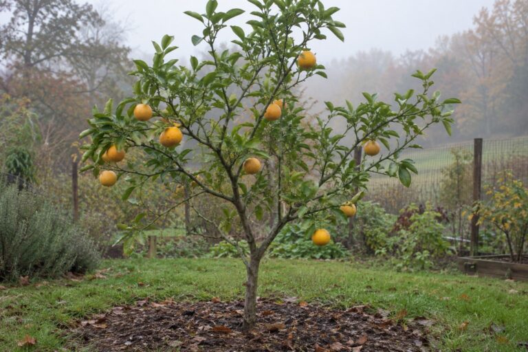 Citrange Morton en pleine terre, avec des fruits jaune orangé parmi son feuillage.