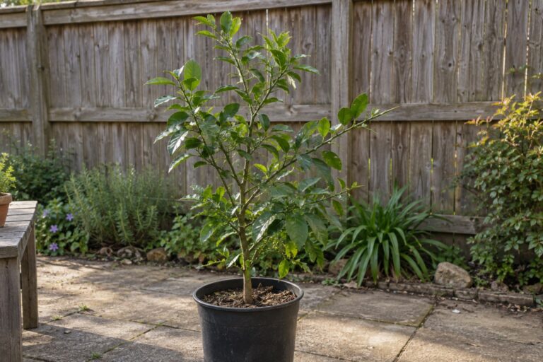 Jeune yuzu en pot, avec un feuillage vert et quelques épines, sur une terrasse.