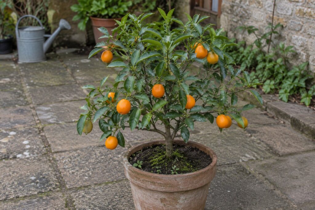 Petit orangequat en pot portant des fruits ovales orange dans une cour.