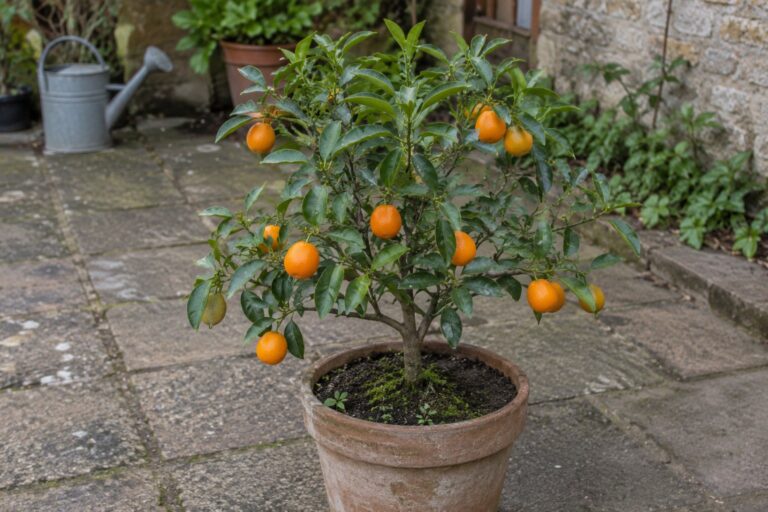 Petit orangequat en pot portant des fruits ovales orange dans une cour.