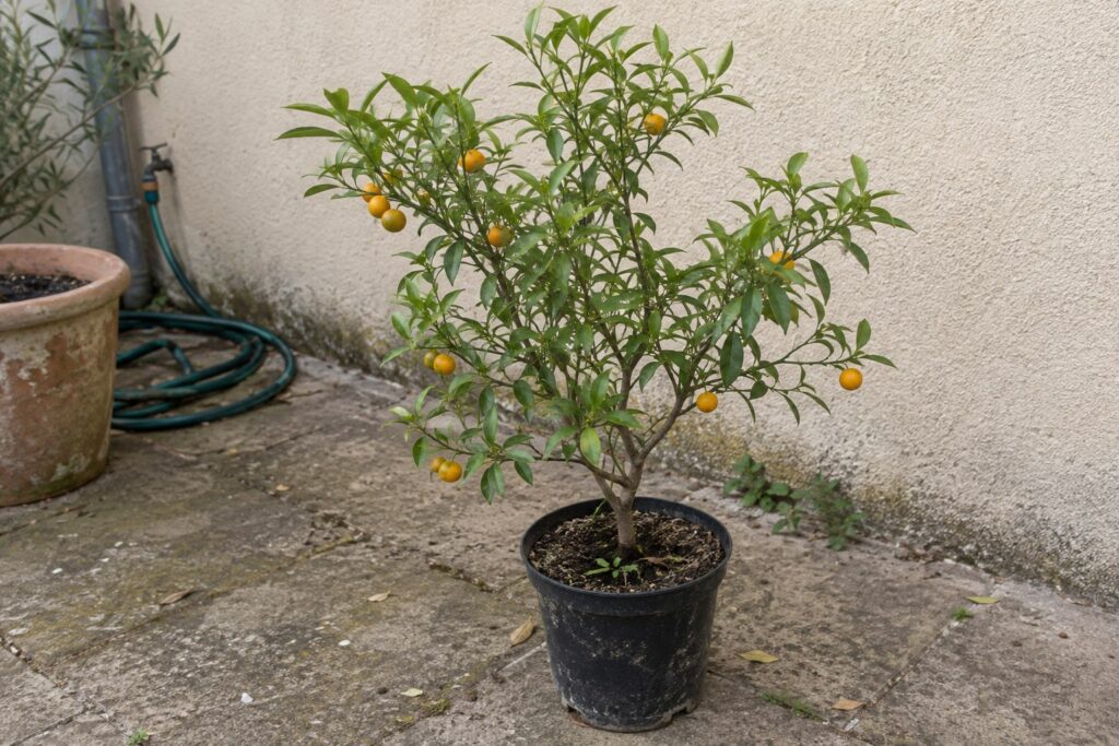Petit agrume en pot avec des feuilles étroites et de minuscules fruits jaune orangé sur une terrasse.
