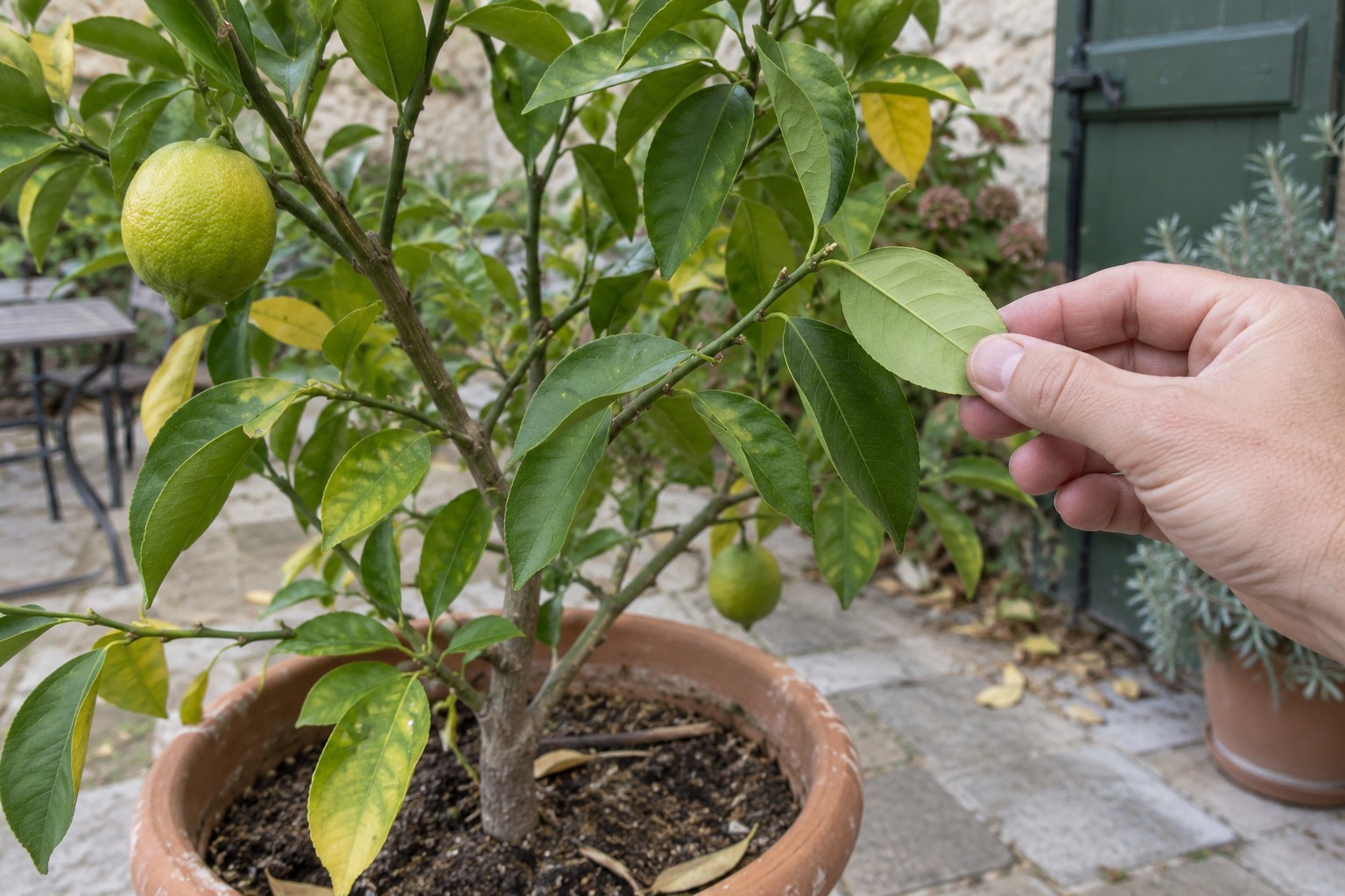 Une main soulève une feuille de citronnier en pot pour examiner son revers.