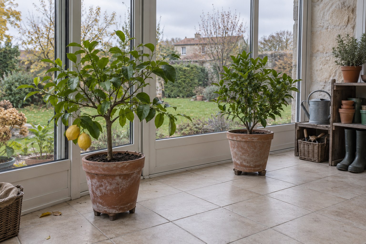 Deux agrumes en pots surélevés près des fenêtres d’une véranda lumineuse.