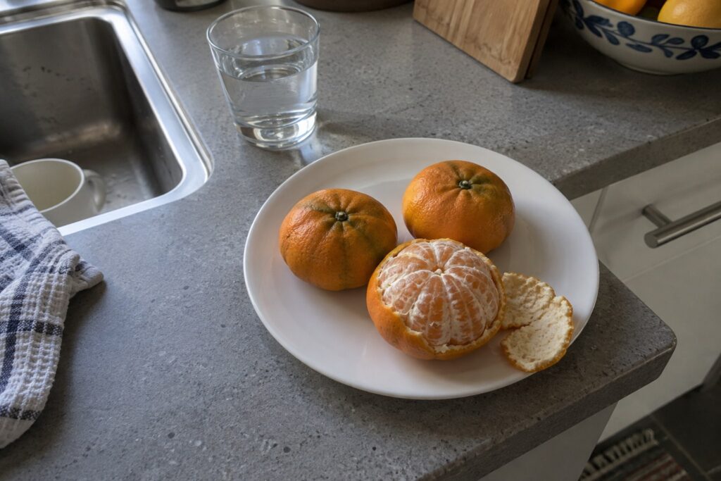 Mandarines sur une assiette blanche, dont une partiellement épluchée laissant voir les quartiers.