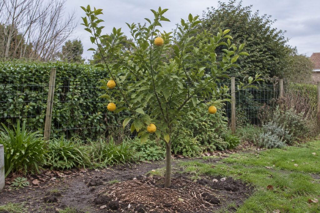 Jeune agrume épineux portant quelques fruits jaunes, planté dans une plate-bande de jardin.