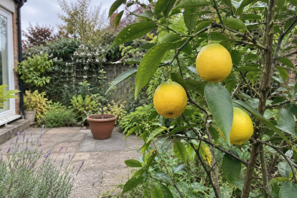 Petits agrumes jaunes arrondis parmi des feuilles vertes allongées, avec un patio à l’arrière-plan.