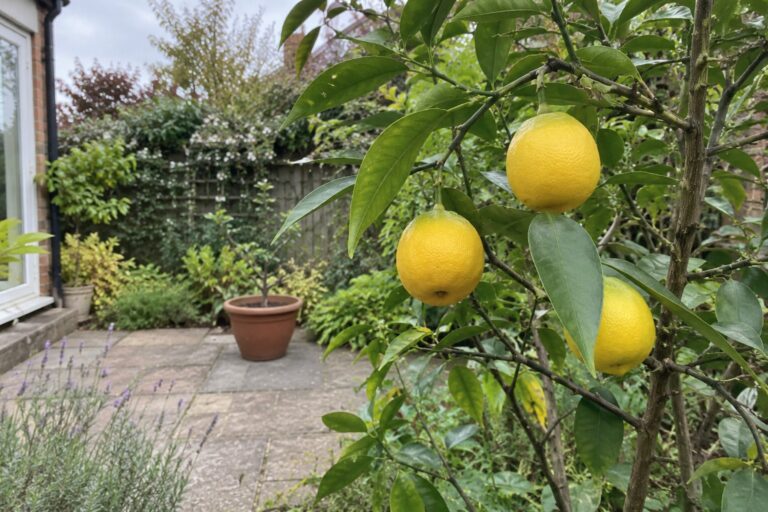 Petits agrumes jaunes arrondis parmi des feuilles vertes allongées, avec un patio à l’arrière-plan.